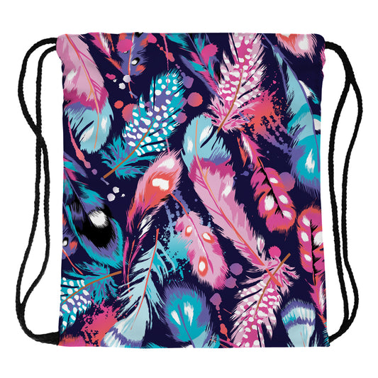 New Fashion Colorful Feathers Printing Drawstring Bag Sports Waterproof Backpack Bundle Pocket Men Women