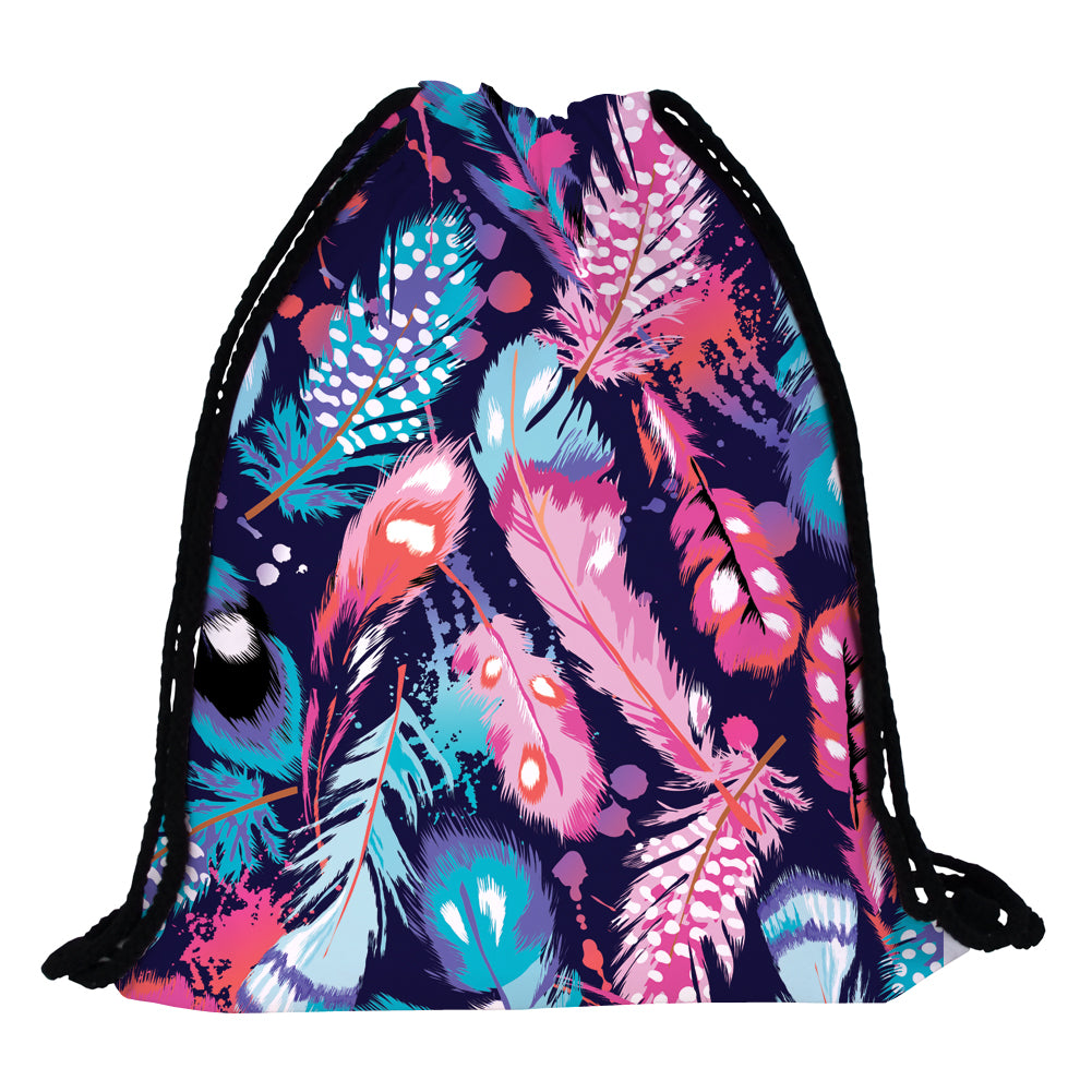 New Fashion Colorful Feathers Printing Drawstring Bag Sports Waterproof Backpack Bundle Pocket Men Women