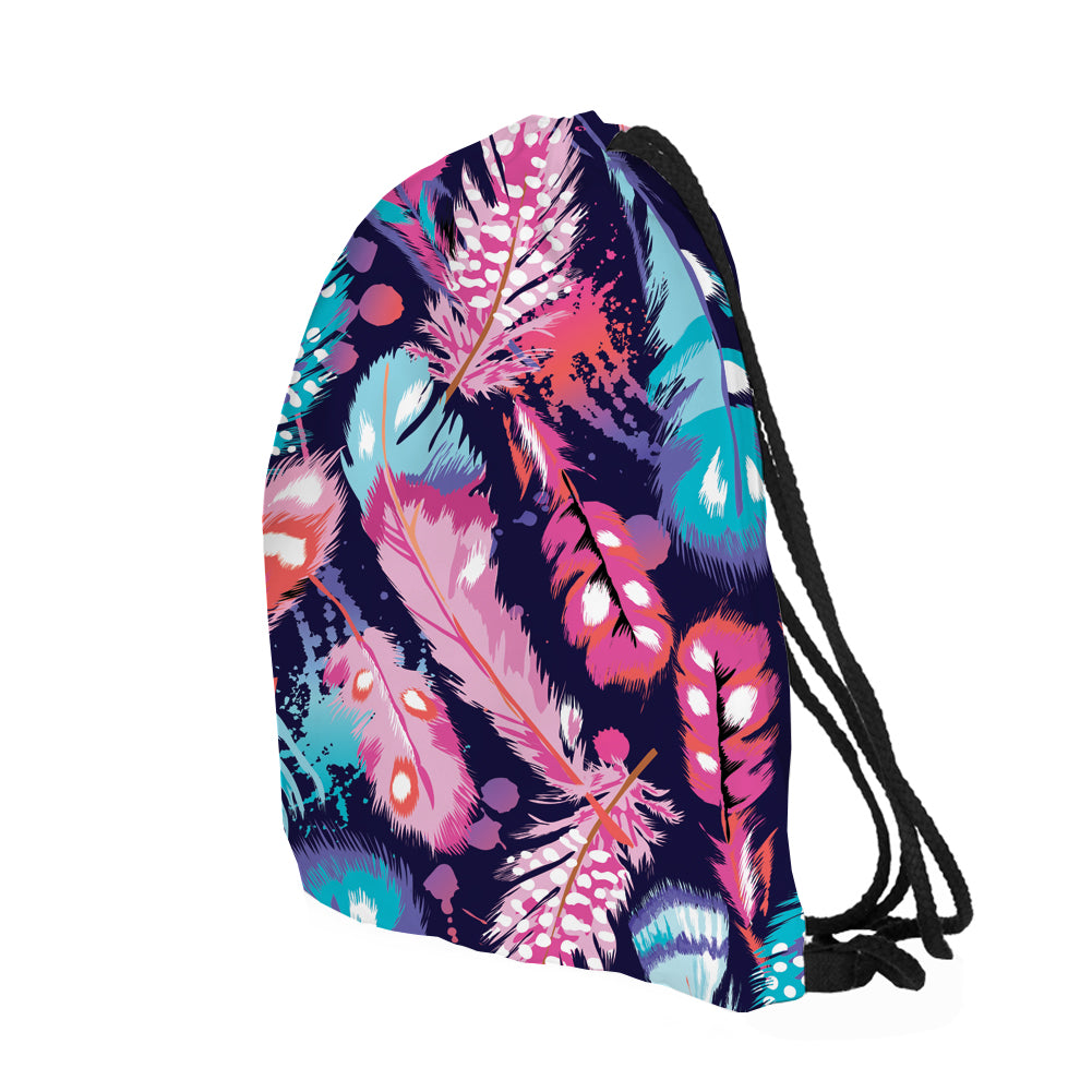 New Fashion Colorful Feathers Printing Drawstring Bag Sports Waterproof Backpack Bundle Pocket Men Women