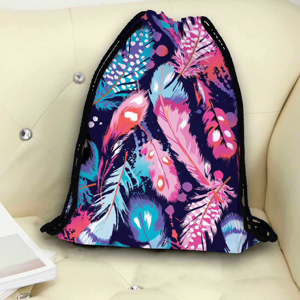 New Fashion Colorful Feathers Printing Drawstring Bag Sports Waterproof Backpack Bundle Pocket Men Women