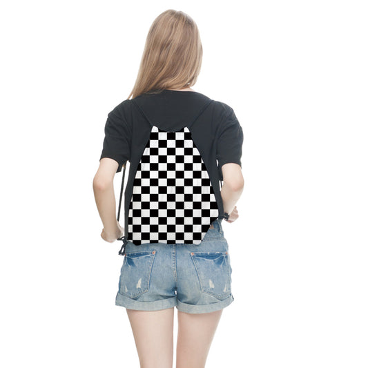 New Fashion Black And White Plaid Printing Drawstring Bag Sports Waterproof Backpack Bundle Pocket Men Women