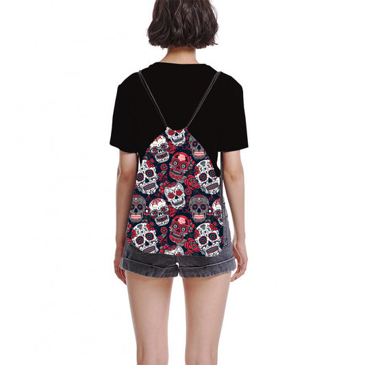 New Fashion Skull Printing Drawstring Bag Women Polyester String Drawstring BackPack